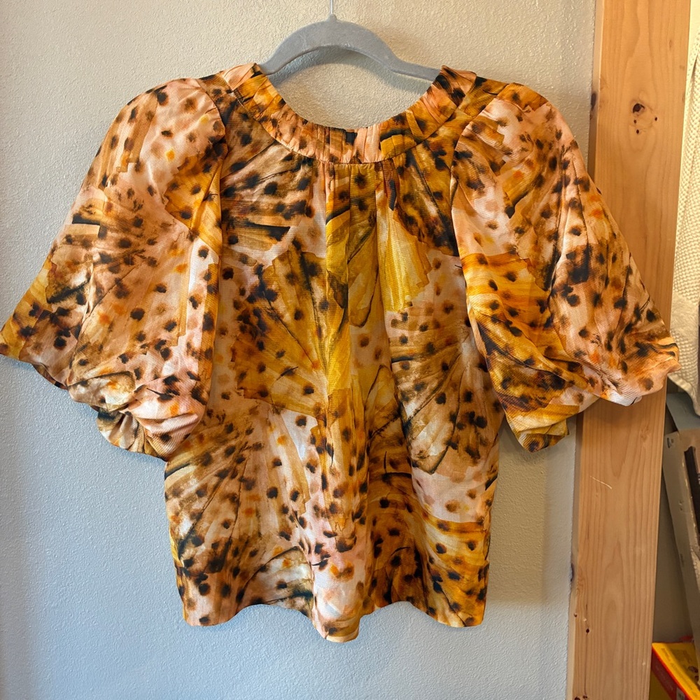 Marie Oliver‎ Wren Top Orange & Brown Puff Sleeve Silk Blouse Sz XXS